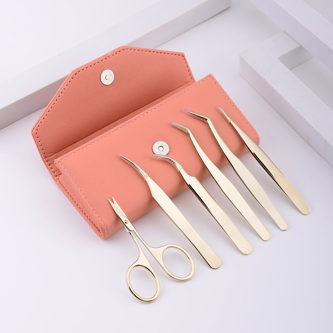 6 Pcs Eyelash Tweezers Set, Cuticle Scissor for Professional &amp; Personal Use(Gold Plated)