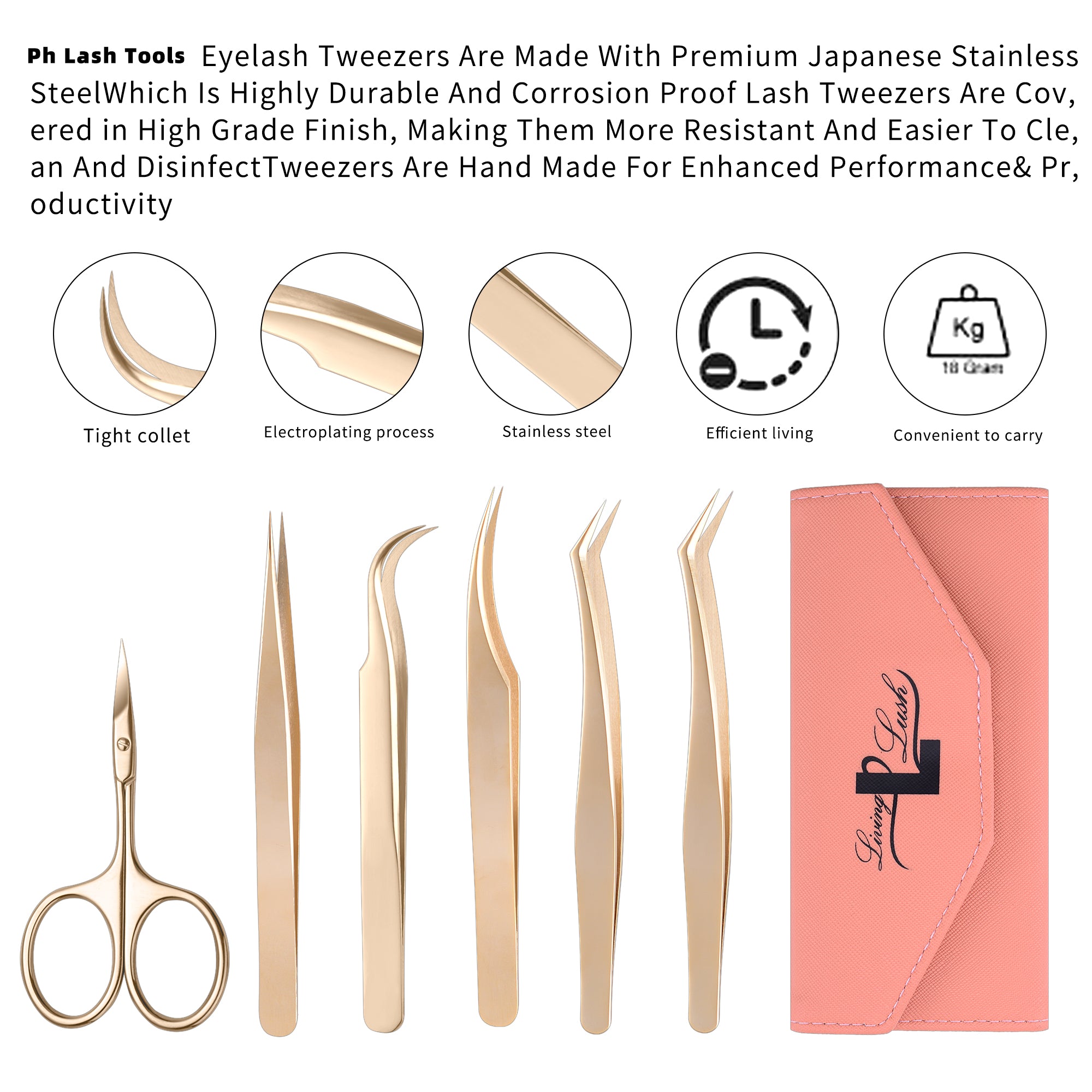 6 Pcs Eyelash Tweezers Set, Cuticle Scissor for Professional &amp; Personal Use(Gold Plated)