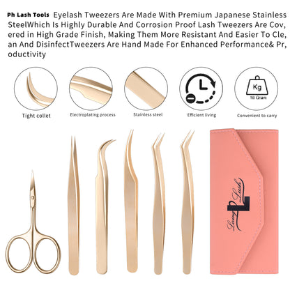 6 Pcs Eyelash Tweezers Set, Cuticle Scissor for Professional &amp; Personal Use(Gold Plated)