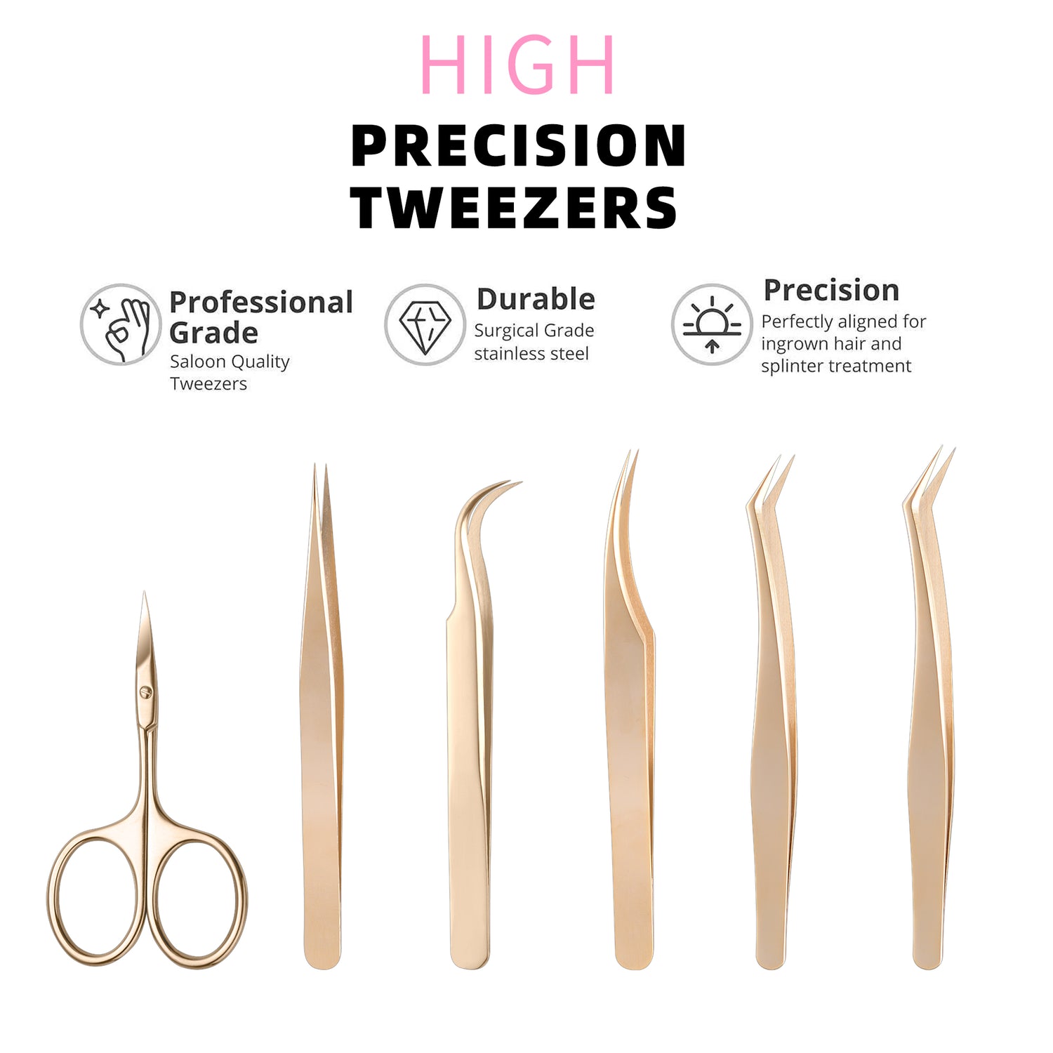 6 Pcs Eyelash Tweezers Set, Cuticle Scissor for Professional &amp; Personal Use(Gold Plated)