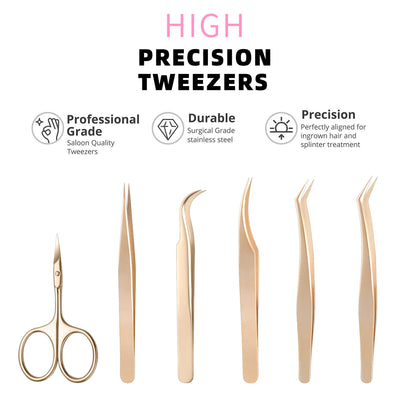 6 Pcs Eyelash Tweezers Set, Cuticle Scissor for Professional &amp; Personal Use(Gold Plated)