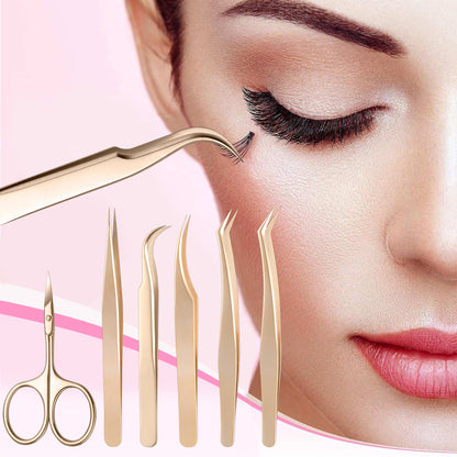 6 Pcs Eyelash Tweezers Set, Cuticle Scissor for Professional &amp; Personal Use(Gold Plated)